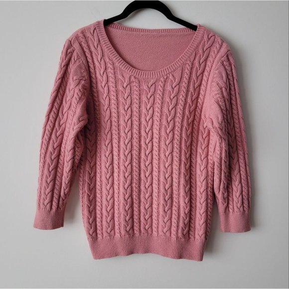 VINTAGE Pink Chunky Cable Knit Scoop Neck Sweater Pullover - Picture 2 of 11